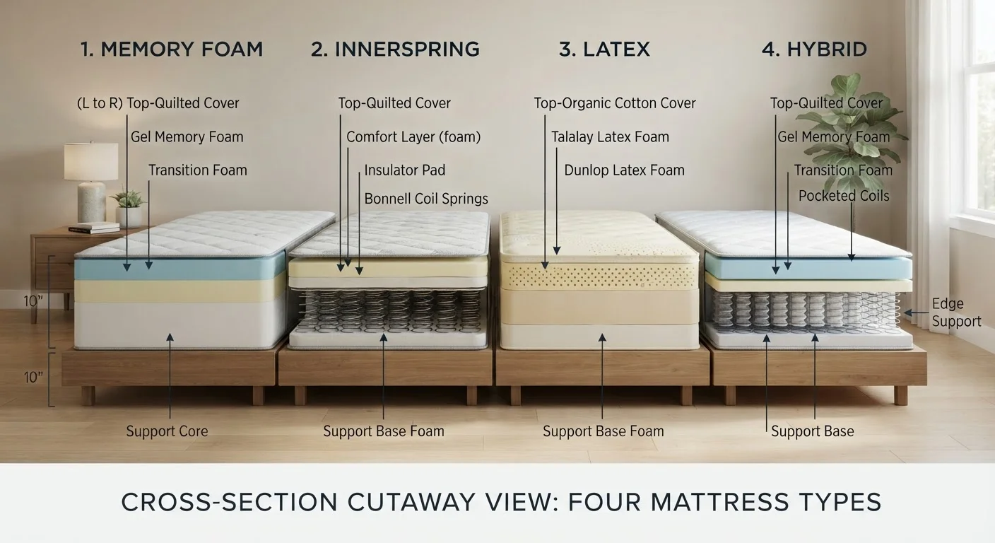Mattress Types Explained: Memory Foam, Innerspring, Latex, and Hybrid